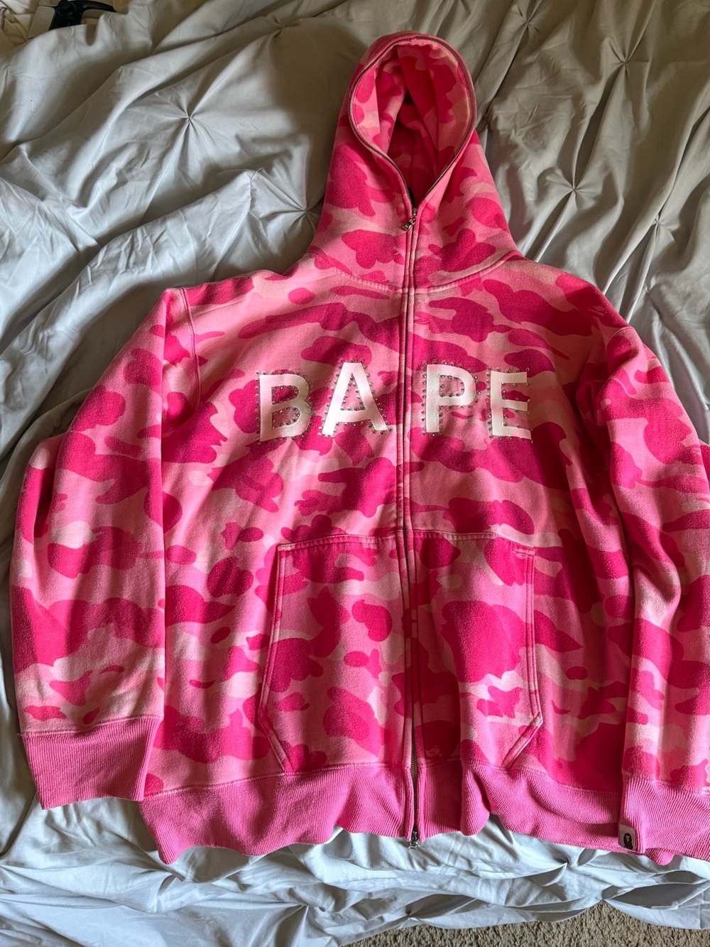 Bape Pink Camo Zip Hoodie with White Logo